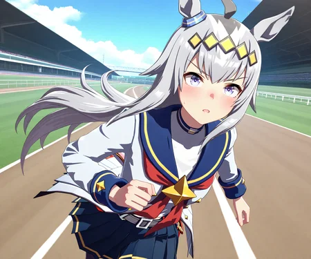 masterpiece, best quality, amazing quality, , 1girl, solo, racetrack, running, <lora:Oguri Cap in game style 3D ILL-v2:1> ummsmingame, 3d, oguri cap \(umamusume\),