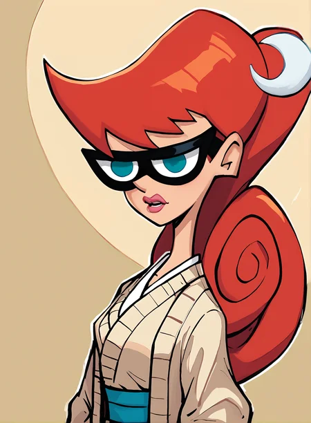 score_9,score_8_up,score_7_up,score_6_up,score_5_up, source_cartoon, MaryTest, red hair, crescent, (panorama), blue eyes, lips, lipstick, hair hornament, Black-Framed eyewear, ponytail, <lora:Jo001:1>, (Tan)(Kimono cardigan :1.2), (Smoky Lilac)(Pencil skirt with a slit detail and a bold color.), (Desert dunes stretching as far as the eye can see :1.2), (Jumping in a ballet leap), (:| face), chapter cover, flat color