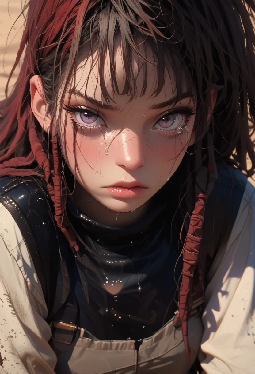 score_9, score_8_up, score_7_up, score_6_up, score_5_up, score_4_up,
best quality, highly detailed, intricate details, extremely detailed, smooth lines,
...
1woman, ((red dreadlocks)),21 years old, heavy back eyeliner, dirty leather jacket, freckles,
kneeling, thick lips, tears in eyes, shy, red hair,dread locks
...
Desert wasteland, bukkake
