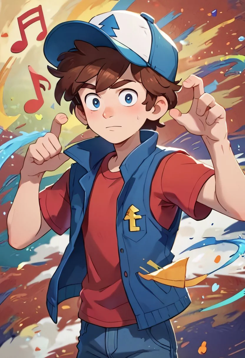 score_9, score_8_up, score_7_up, source_anime, dipper pines,1boy, dipper pines, red t-shirt, vest, cap, denim, AFKJourneyXLP, musical note, epic pose, bright pupils, particles around, splash art, looking at viewer, cowboy shot, dynamic pose, wide shot, solo, dutch angle, detailed background, teenager, older,