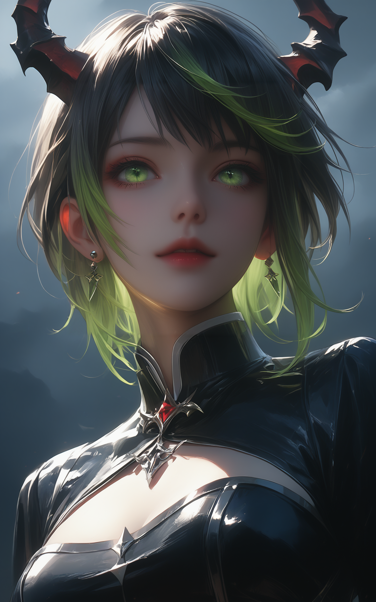 score_9,score_8_up,score_7_up,
Overall Detail,(best quality:1.1),(masterpiece:1.2),(detailed:1.1),(highres, best quality:1.2),(ultra HD quality details)(anime_source) (dynamic angle) very aesthetic,rating_questionable,uncensored,
<lora:jiangshiPony:1>,Demon,
1girl,portrait,long multicolored hair with jagged horns,wearing a ripped dress,against a stormy dark background,glowing green eyes peering from the shadows,a swirling mist forming the shape of a dragon behind her,enhancing her sinister beauty.,