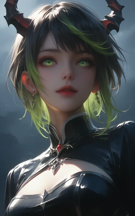 score_9,score_8_up,score_7_up,
Overall Detail,(best quality:1.1),(masterpiece:1.2),(detailed:1.1),(highres, best quality:1.2),(ultra HD quality details)(anime_source) (dynamic angle) very aesthetic,rating_questionable,uncensored,
<lora:jiangshiPony:1>,Demon,
1girl,portrait,long multicolored hair with jagged horns,wearing a ripped dress,against a stormy dark background,glowing green eyes peering from the shadows,a swirling mist forming the shape of a dragon behind her,enhancing her sinister beauty.,