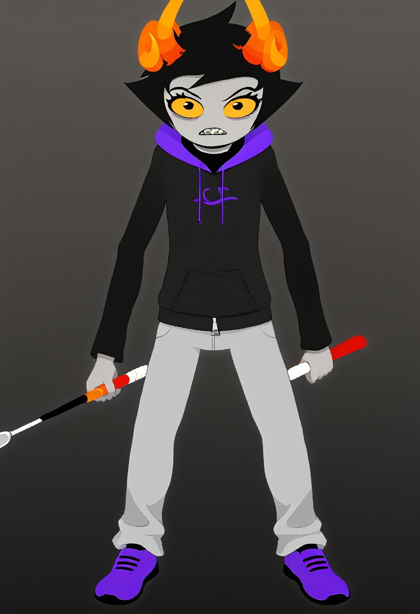 1boy, solo, short hair, black hair, grey skin, yellow sclera, male focus, black hair, colored skin, hood, full body, pants, hoodie, white background, zipped jacket, shoes, grey pants, standing, scared, purple footwear, sharp teeth, troll, purple tears, horns, holding golf club in one hand, zipper,
BREAK,
three-quarter view,
BREAK,
minimalist, mspaint,