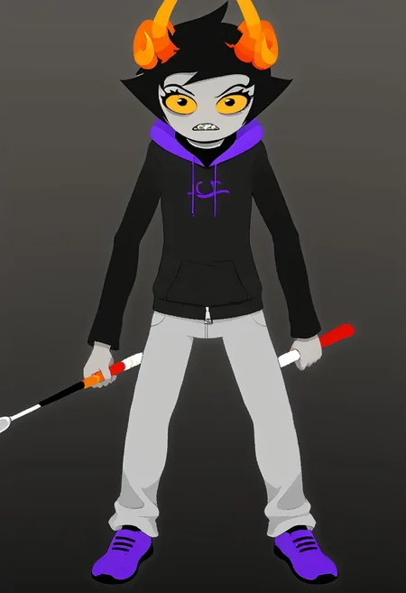1boy, solo, short hair, black hair, grey skin, yellow sclera, male focus, black hair, colored skin, hood, full body, pants, hoodie, white background, zipped jacket, shoes, grey pants, standing, scared, purple footwear, sharp teeth, troll, purple tears, horns, holding golf club in one hand, zipper,
BREAK,
three-quarter view,
BREAK,
minimalist, mspaint,