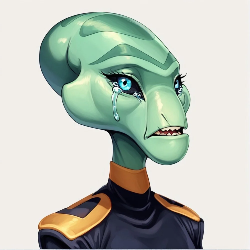 score_9, score_8_up, score_8,source_furry,
1girl,
solo,
furry female,
alien,
looking at viewer,
smile,
uniform,
black uniform,
gold trim,
green skin,
green body,
upper body,
open mouth,
bald,
standing,
teeth,
<blue eyes:1.5>,
<black sclera:1.5>,
<simple background:1.5>,
<white background:1.5>,
<lora:Grand_Councilwoman_Pony_SDXL:1> grand_councilwoman,
<lora:90s4n1m3XLP:1> 90s4n1m3, sad,
sadness,
tears,
closed mouth,