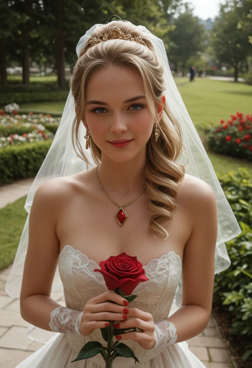 score_9, score_8_up, score_7_up, score_6_up,
1girl, 25 years old, perfect face, (adult), sexy,
blue eyes,
long hair, blonde hair, sidelocks, drill ponytail,
gold crown, gold jewelry, earrings, necklace, red gem,
wedding dress, lace, bridal gauntlets,
wedding, park, green garden, holding roses,
blush, shy smile,
looking at viewer, dynamic angle, depth of field, detailed hands, red nails,