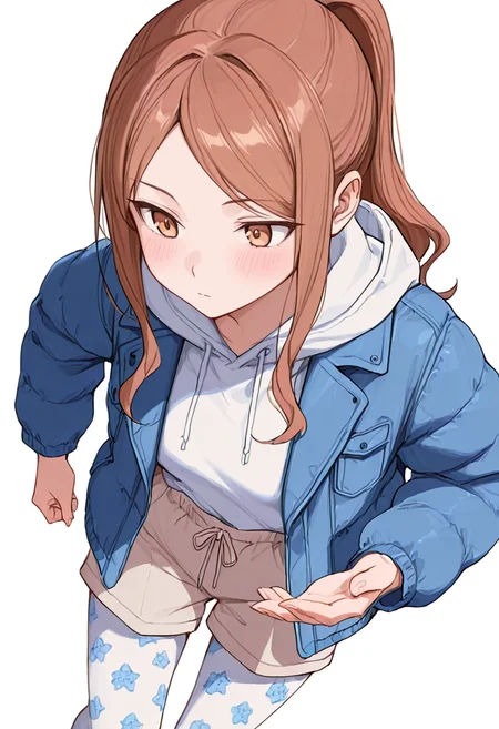masterpiece,high quality details, absurdres,
<lora:Aona:0.8> aona_cnr, 1girl, brown hair, long hair, ponytail, brown eyes,, simple background, white background, from above,solo,, flustered,expressionless,, confident stance,casual vibe,other hand reaching forward,, parka ,blazer ,board shorts, ,print pantyhose,