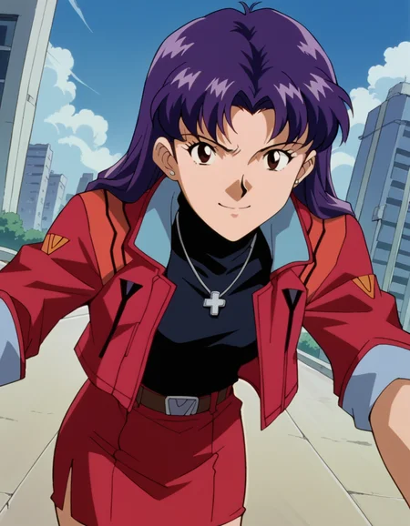 score_9, score_8_up, score_7_up, source_anime,
misatokatsuragi, <lora:misato-katsuragi-classic-ponyxl-lora-nochekaiser:1>,
misato katsuragi, long hair, brown eyes, purple hair, parted bangs,
skirt, jewelry, jacket, belt, necklace, uniform, cross, red jacket, pencil skirt, cross necklace, red skirt, black shirt, turtleneck, cropped jacket,
outdoors, cityscape, bent over, smile,
cowboy shot, looking at viewer, solo, dutch angle,