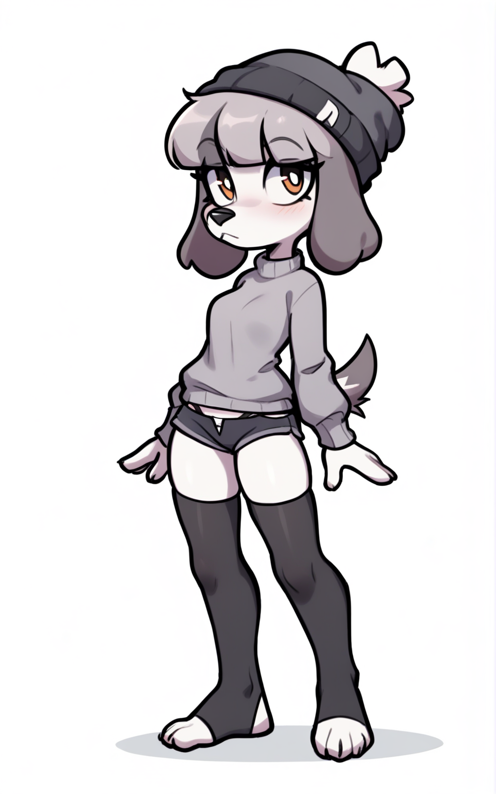 best quality, absurdres,full body, <lora:BolivanteStyleITS:0.8>,  <lora:FFITS:0.8>,FFITS,tail, animal ears, dog girl, dog tail,furry, furry female,white skin, white fur, dog ears,grey hair, thighhighs, underwear, panties, short shorts,beanie ,shorts,sweater,grey sweater,black shorts,black beanie,socks, black thighhighs, toeless,white background,standing,slim