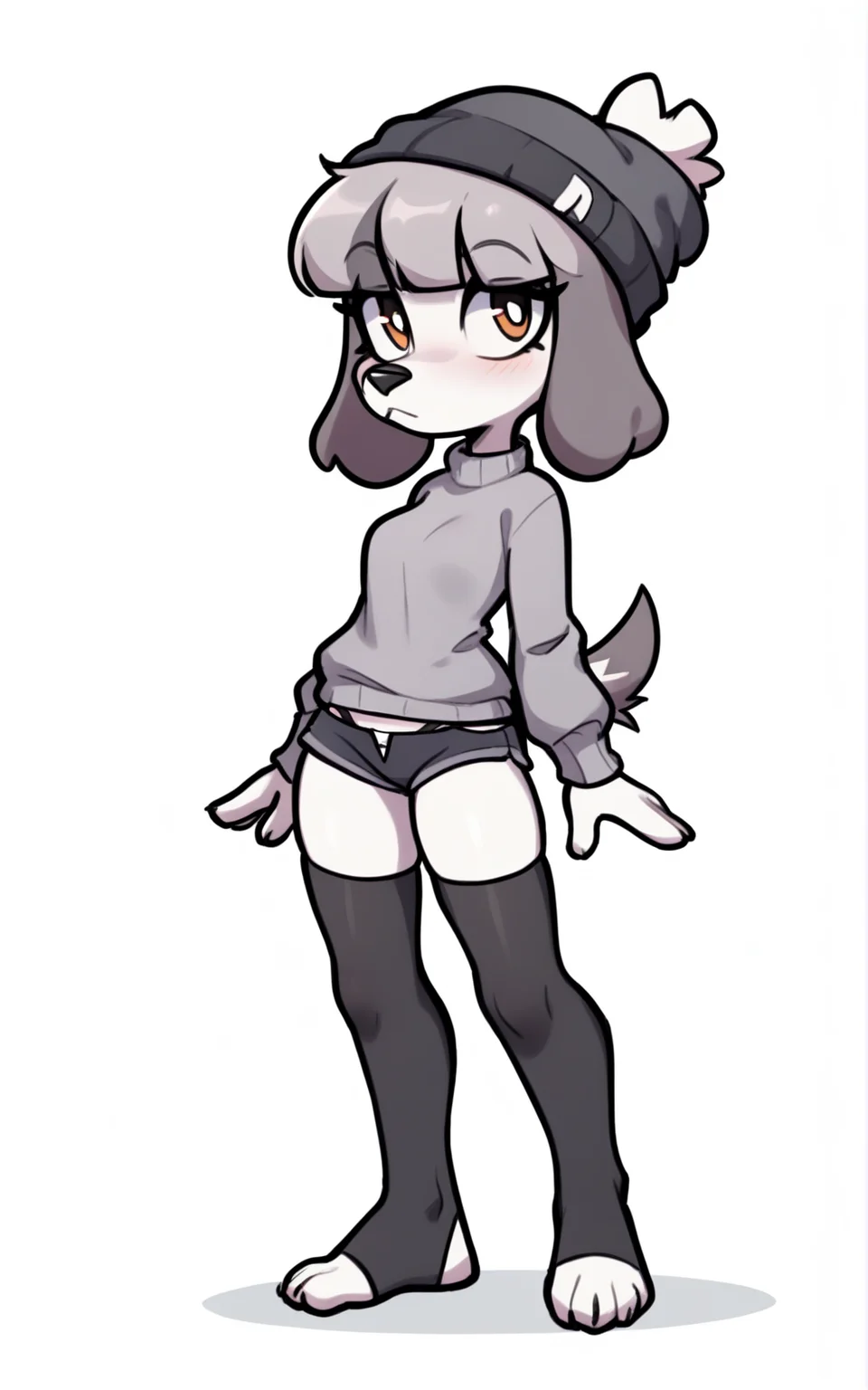 best quality, absurdres,full body, <lora:BolivanteStyleITS:0.8>, <lora:FFITS:0.8>,FFITS,tail, animal ears, dog girl, dog tail,furry, furry female,white skin, white fur, dog ears,grey hair, thighhighs, underwear, panties, short shorts,beanie ,shorts,sweater,grey sweater,black shorts,black beanie,socks, black thighhighs, toeless,white background,standing,slim