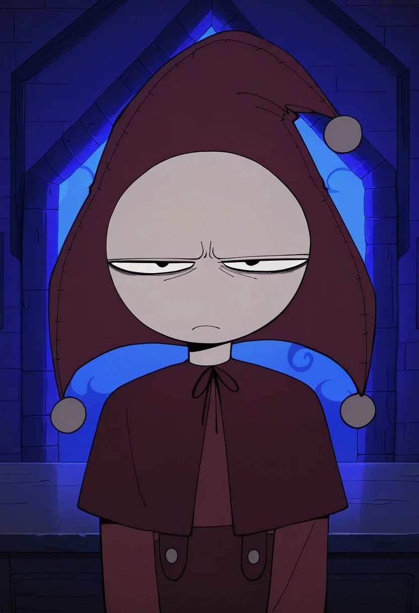 score_9, score_8_up, score_7_up, masterpiece, best quality, amazing quality, Jester Jesterson, 1boy, solo, jester, jester hat, jester cap, caplet, overalls, 4 fingers, black eyes, upper body, frown, half-closed eyes, looking at viewer