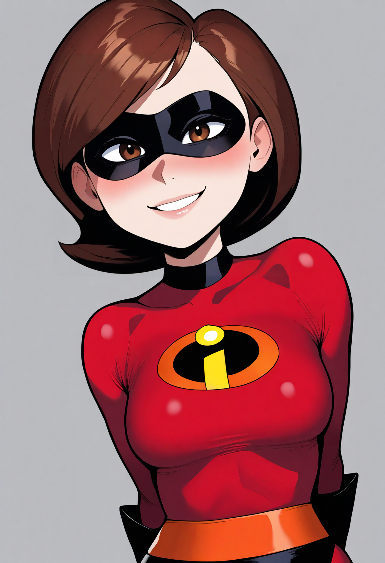 best quality, amazing quality, very aesthetic, absurdres,
1girl, helenparr, brown hair, brown eyes, domino mask, red bodysuit,
arms behind back, upper body, smile, looking at viewer, solo, simple background, white background,   <lora:HelenParrIllustriousXL_byKonan:1>
