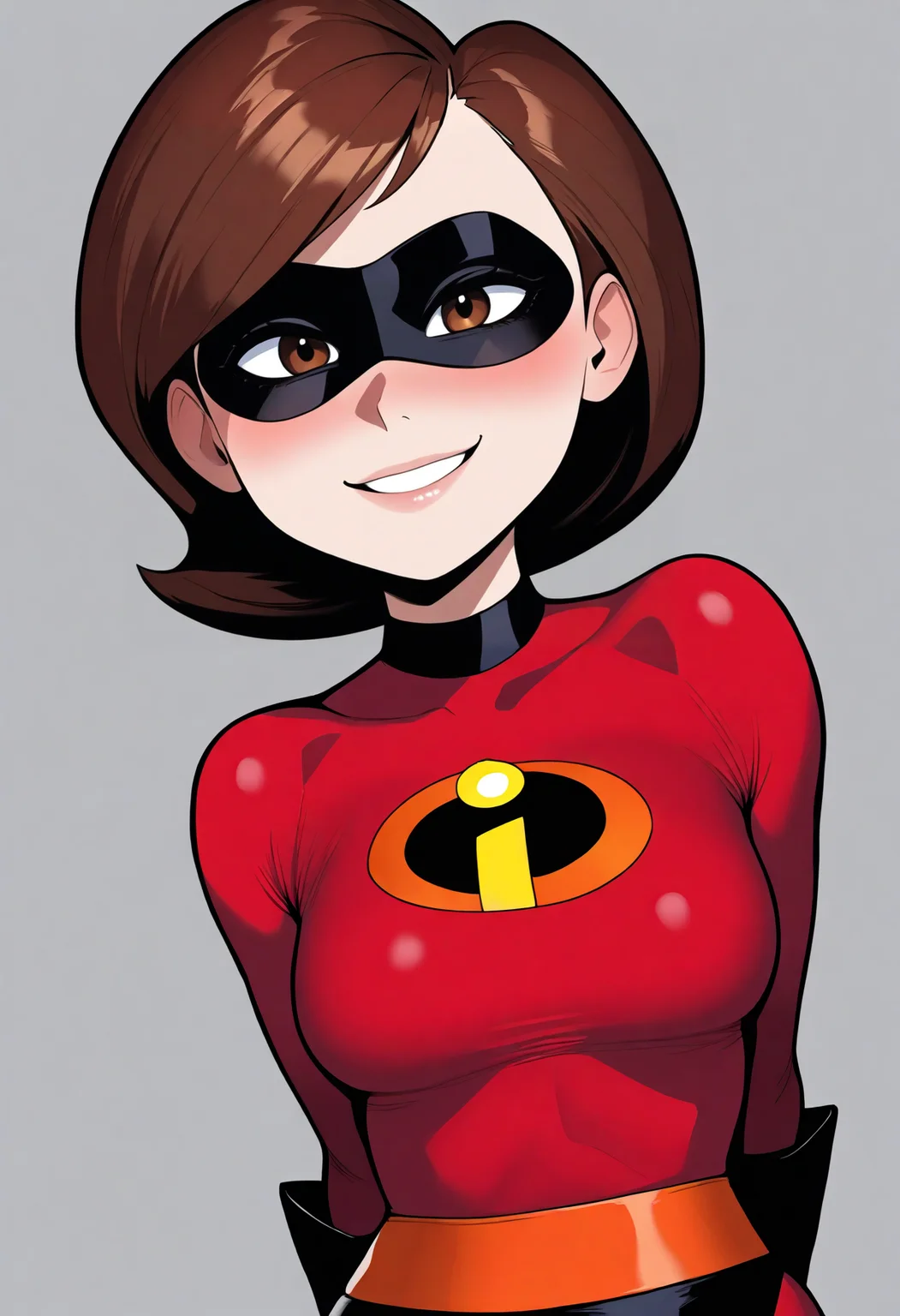 best quality, amazing quality, very aesthetic, absurdres,
1girl, helenparr, brown hair, brown eyes, domino mask, red bodysuit,
arms behind back, upper body, smile, looking at viewer, solo, simple background, white background, <lora:HelenParrIllustriousXL_byKonan:1>