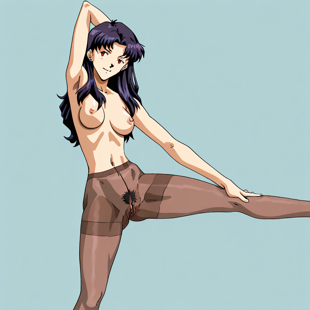 (masterpiece), (absurdres), (high quality), anime, Neon Genesis Evangelion, anime style, Neon Genesis Evangelion, PUB3SUND3RP4NTYH0S3:1.2, Katsuragi Misato, BREAK, rating explicit, Katsuragi Misato\(Neon Genesis Evangelion\), anime style, standing, stretching, armpits, navel, female pubic hair, see-through legwear pantyhose, see-through, thighband_pantyhose, pantyhose, excessive pubic hair, female pubic hair, uncensored, pussy, simple background
