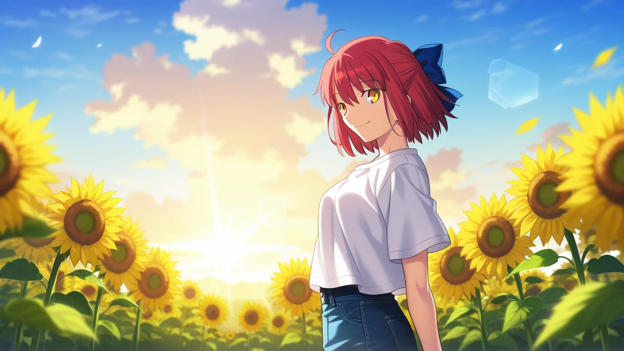 smile, happy,, masterpiece, best quality, amazing quality, very aesthetic, absurdres, newest, anime screencap, <lora:kohakuILM:1>, kohaku (tsukihime), takeuchi takashi, yellow eyes, red hair, hair ribbon, blue ribbon, hair between eyes, short hair, sidelocks, bob cut, blue sky, sky, daylight, sunlight, depth of field, outdoors, blurry background, blurry foreground, cloud, field, flower, flower field, denim, jeans, pants, blue pants, shirt, white shirt, t-shirt, happy, smile, sunflower, sunflower field, yellow flower, lens flare, casual,