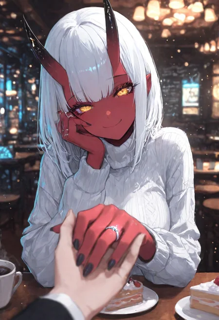 (EyesHD:1.2), (4k,8k,Ultra HD), masterpiece, best quality, ultra-detailed, very aesthetic, sharp focus, depth of field, ray tracing, best lighting, detailed illustration, detailed background, cinematic, glowing particles, shinny, glitter, beautiful face, beautiful eyes,
BREAK
ambient occlusion, raytracing, soft lighting, blum effect, masterpiece, absolutely eye-catching, particles, glow, shining, intricate cinematic background,
BREAK
masterpiece, amazing quality, best quality, ultra-detailed, 8K, illustrating, CG, clear skin, ultra-detailed-eyes, detailed background, cute girl, eyelashes
BREAK
Aka-Oni, oni, colored skin, (red skin:1.3), smooth horns, black horns
BREAK
pov across table, turtleneck sweater, cafe, coffee, cake, indoors, wedding ring, head tilt, pov hands, holding hand, nails, blurry foreground, happy smile,