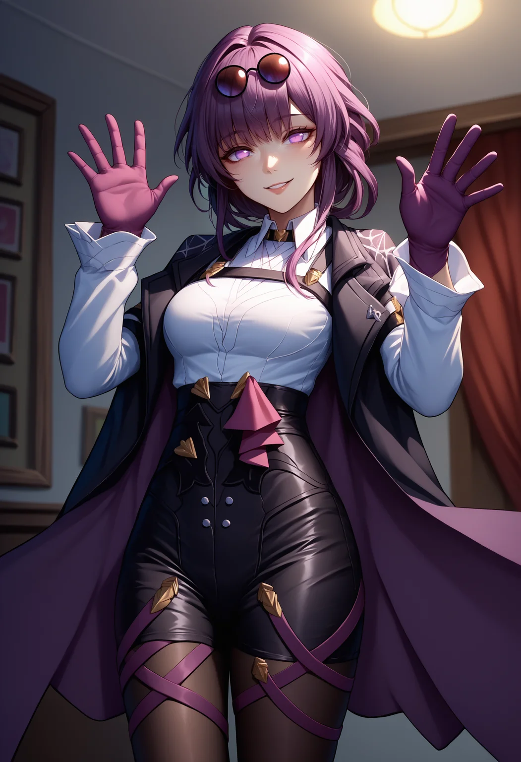 score_9, score_8_up, score_7_up, source_anime, 1girl, kafka, purple eyes, bangs, eyewear on head, collared white shirt, long sleeves, jacket on shoulders, black jacket, black shorts, purple gloves, pantyhose under shorts, criss-cross straps, cowboy shot, <lora:Kafka_XLPD:1>, seductive smile, waving, indoors, gloves,