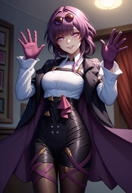 score_9, score_8_up, score_7_up, source_anime, 1girl, kafka, purple eyes, bangs, eyewear on head, collared white shirt, long sleeves, jacket on shoulders, black jacket, black shorts, purple gloves, pantyhose under shorts, criss-cross straps, cowboy shot, <lora:Kafka_XLPD:1>, seductive smile, waving, indoors, gloves,