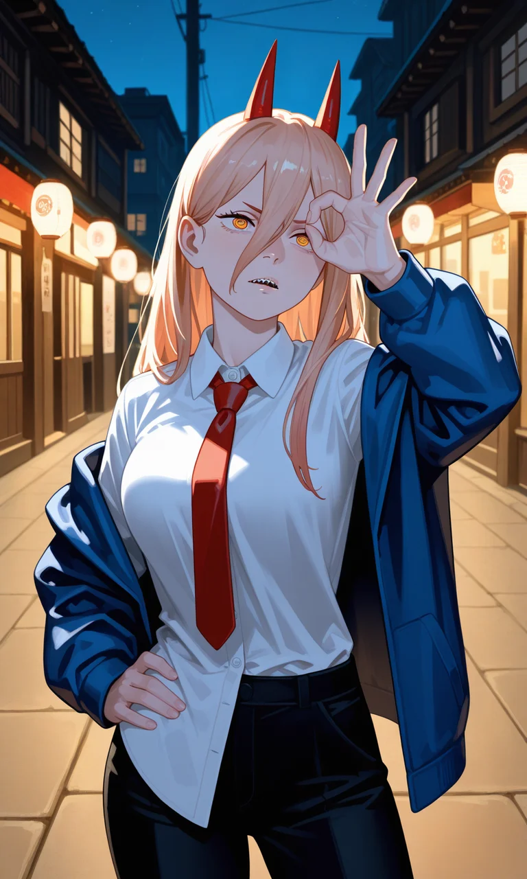 embedding:IllusP0s, sa1t, painterly, ok sign over eye, power_\(chainsaw_man\), horns, yellow eyes, sharp teeth, parted lip, white shirt, blue jacket, off-shoulder, red tie, half untucked shirt, black pants, one hand on hip, contrast lighting, outdoors, night,<lora:sait.safetensors:1.3:1.3>
