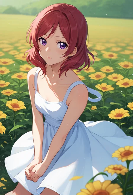 score_9, score_8_up, score_7_up, 1girl, solo, Nishikino maki, red hair, purple eyes, short hair, sundress, flower field, <lora:Nishikino Maki TEST-000007:1>