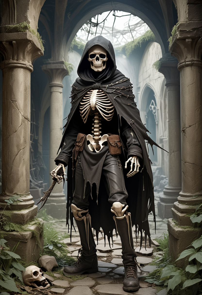 (medium full shot) of (terrifying skeleton)  scout, wearing Hooded cloak, leather tunic, hide pants, skeletal boots, wrist guards, holding wielding short bow , set in the cursed lands, in  a forsaken skeletal castle, with overgrown courtyards and echoing chambers, where the past lingers in every corner , ,Masterpiece,best quality, raw photo, realistic, very aesthetic