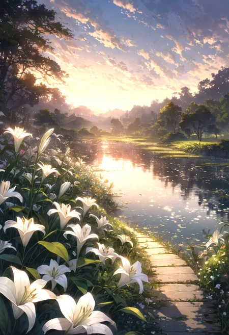 detailed background,( Calm spring night landscape), amongst lush greenery, beautiful view, lily flower in full bloom, lily flower, early morning, sunrise sky, beautiful clouds, dappled sunlight, beautiful, Tranquil Lake, Walkway, petals dancing in the wind, depth of field, masterpiece, best quality, ultra-detailed, very aesthetic, illustration, perfect composition, intricate details, absurdres, moody lighting, wisps of light, no humans,