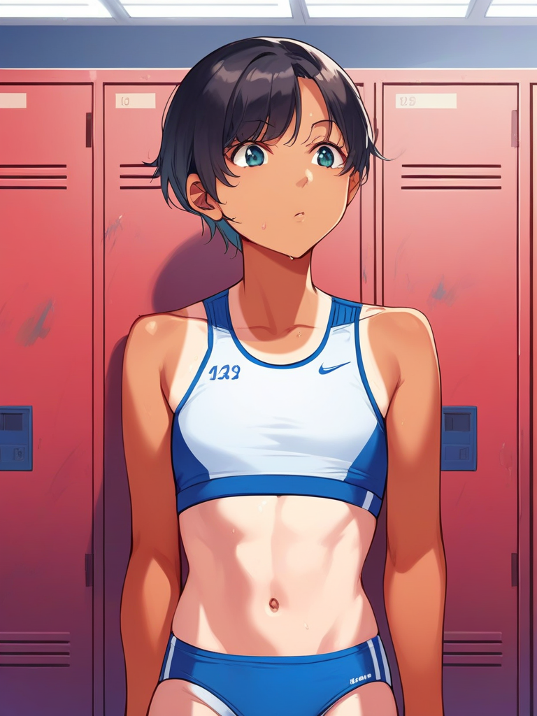 score_9,score_8,score_7,source_anime,rating_safe,skinny teen girl,<lora:rikujou02:1>,rikujou02,tanlines,in locker room,upper body,