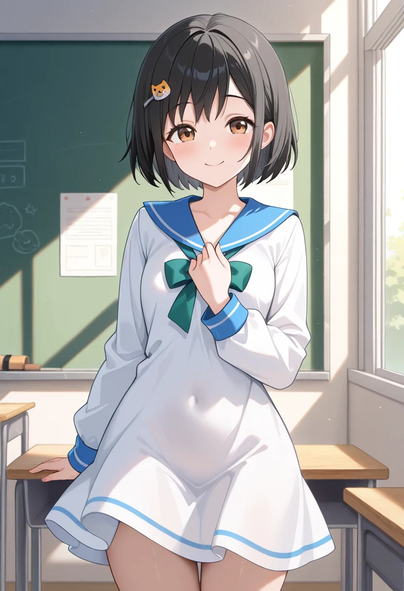 1girl,solo,<lora:minaeil:0.9>,ono_minae,brown eyes,black hair,short hair,hairclip,dog hair ornament,hair ornament,white dress,green bow,long sleeves,sailor collar,sailor dress,looking_at_viewer,cowboy_shot,smile,hand_on_own_chest,day,classroom,incredibly absurdres,masterpiece,best quality,good quality,newest,