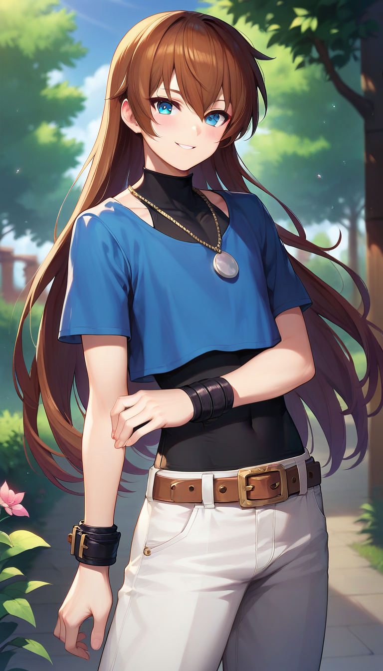 score_9,score_8_up,score_7_up,score_6_up BREAK official art,1girl,solo,outdoors,cowboy shot,looking at viewer,facing viewer,smile,blush,androgynous,Chris,very long hair,brown hair,sidelocks,hair between eyes,bangs,blue eyes,jewelry,necklace,blue shirt,turtleneck,black vest,vest covered navel,short sleeves,wristband,bracelet,large breasts,groin,brown belt,white pants,pants rolled up,black socks,blue boots,<lora:Chris(kof)-Pony:1.4>,