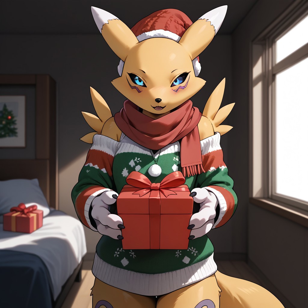 score_9, score_8_up,,score_7_up,
,solo,anthro,furry,renamon,
bedroom eyes,indoors,open smile,gift box,gift box toward viewer,blush,standing,
ruanyi1386,beanie,multicolored clothes,striped clothes,red scarf,christmas,