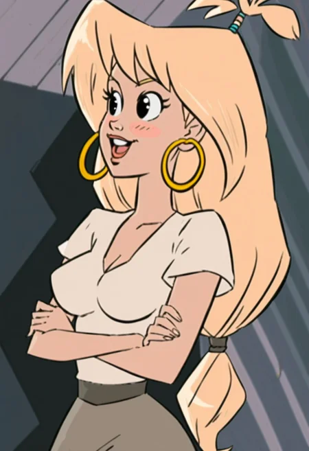woman, tiffany, kangoo,blonde hair, black eyes, earrings, jewelry, 1girl, crossed arms, hoop earrings, open mouth, smile, shirt, upper teeth only, upper body, breasts, short sleeves, solo focus, blush, white shirt