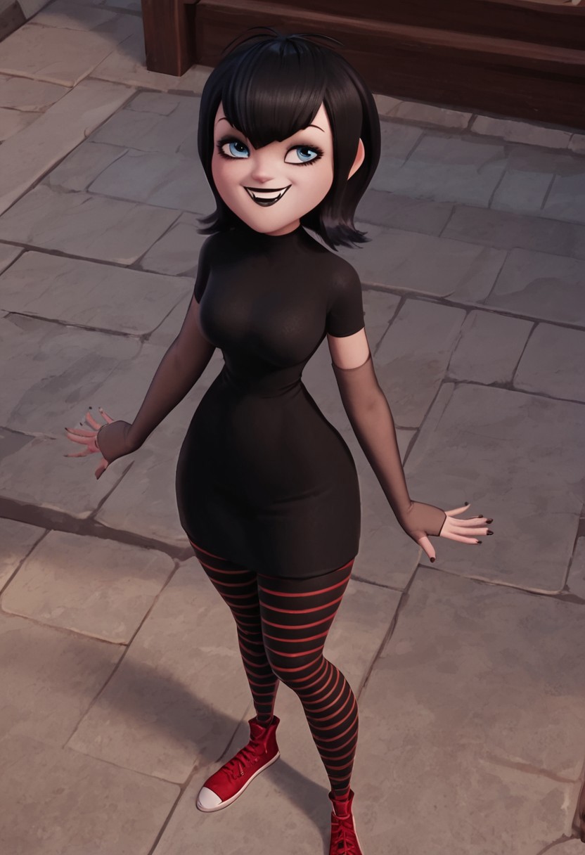score_9, score_8_up, score_7_up, ultra quality, solo, 1girl, black hair, short hair, blue eyes, fangs, black lips, black nails, black dress, grey elbow gloves, striped pantyhose, red sneakers, smug smile, hips focus, breasts, big hips, huge butt, bubble butt, curvy, narrow waist, standing, looking to the viewer, view from above, close up, screencap