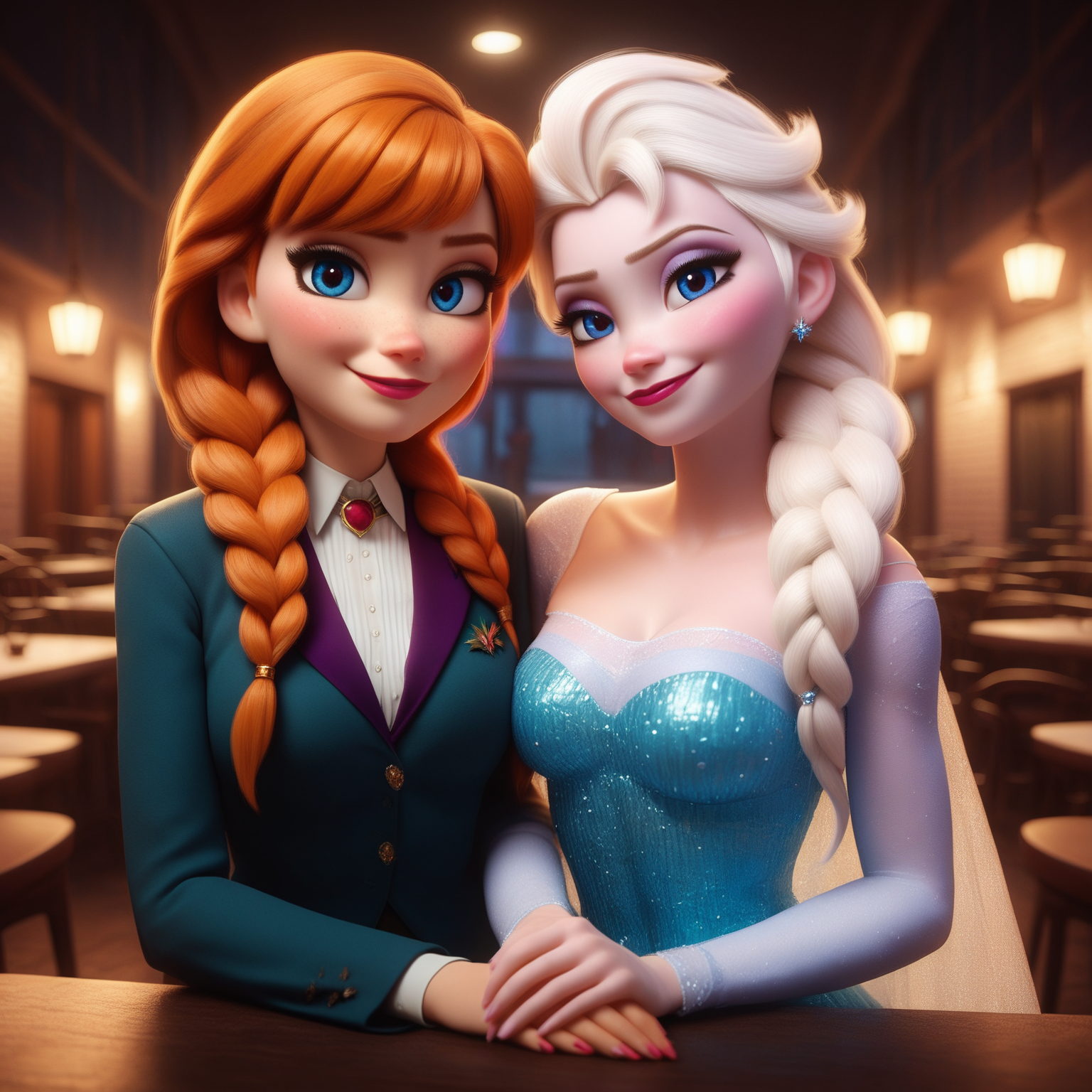 score_9, score_8_up, score_7_up, score_6_up,realitic, indoor,Starbucks,disney style,2girls is kissing,boobs to boobs,looking at viewer,Embrace,together,  anna,elsa,<lora:Anna-Elsa-Dalle3-2:0.7>,<lora:Photo 2 Style SDXL_LoRA_Pony Diffusion V6 XL:0.7>
2girl,anna, two braid,White T-shirt, 
2girl,elsa,blouse,(suit:1.2) ,