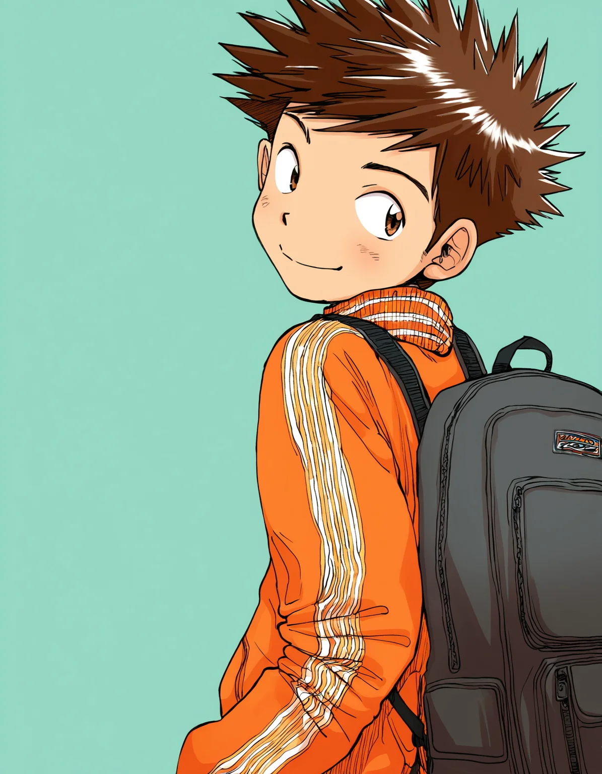masterpiece, best quality, boysfactory-style, teal background, from side, upper body, 1boy, solo, brown hair, spiked hair, brown eyes, bangs, looking back, orange track jacket, backpack, closed mouth, smile <lora:boys_factory_NaXLeps_v4f-ShoAI:1>