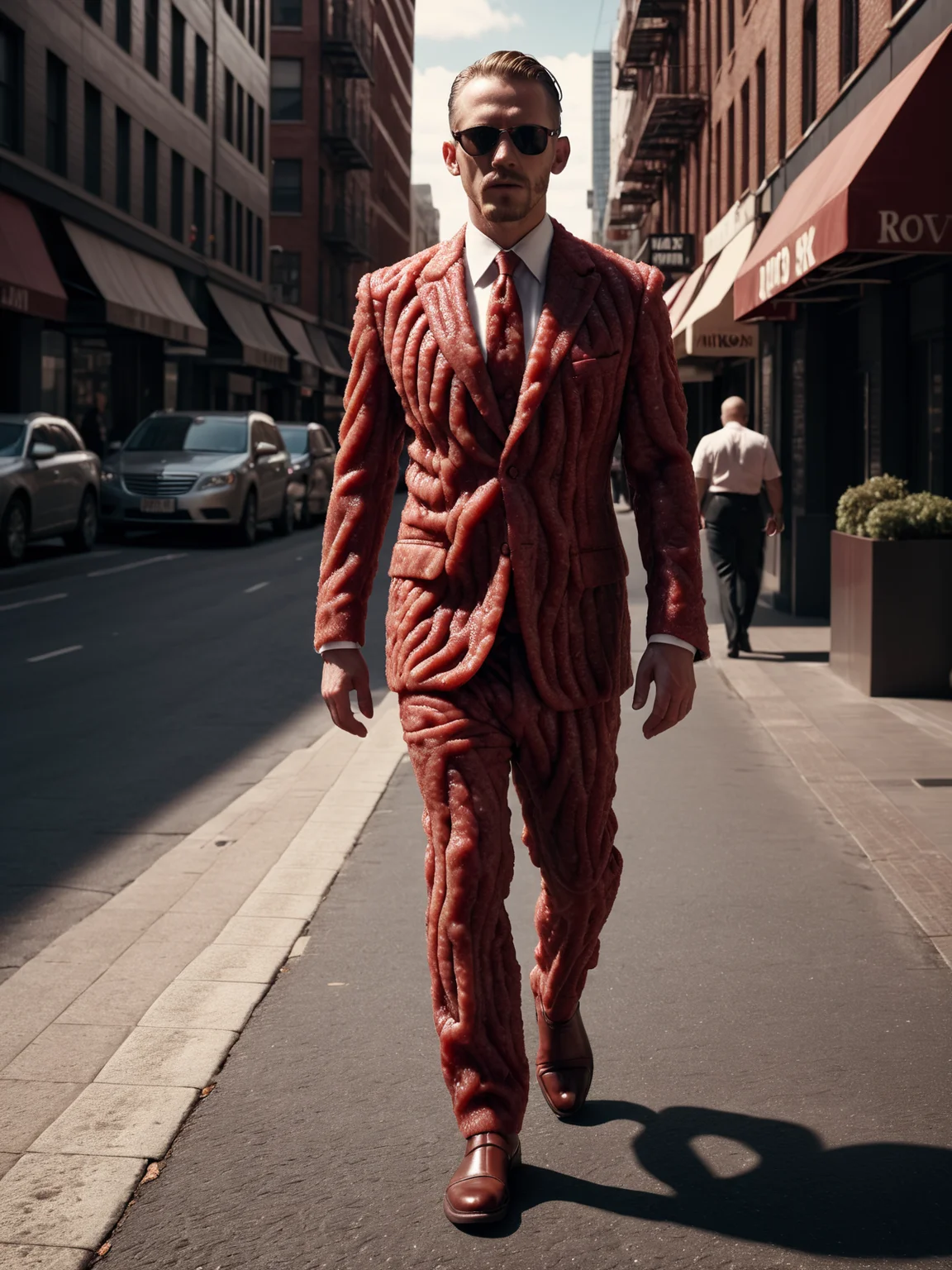 man wearing mad-mince dress suit walking through a city, meat <lora:Alles_wird_aus_Hack_gemacht_SDXL:0.6>, raw photo, film grain, (photorealistic, realistic:1.2), deep shadow, 8k, uhd, dslr, ultra high res