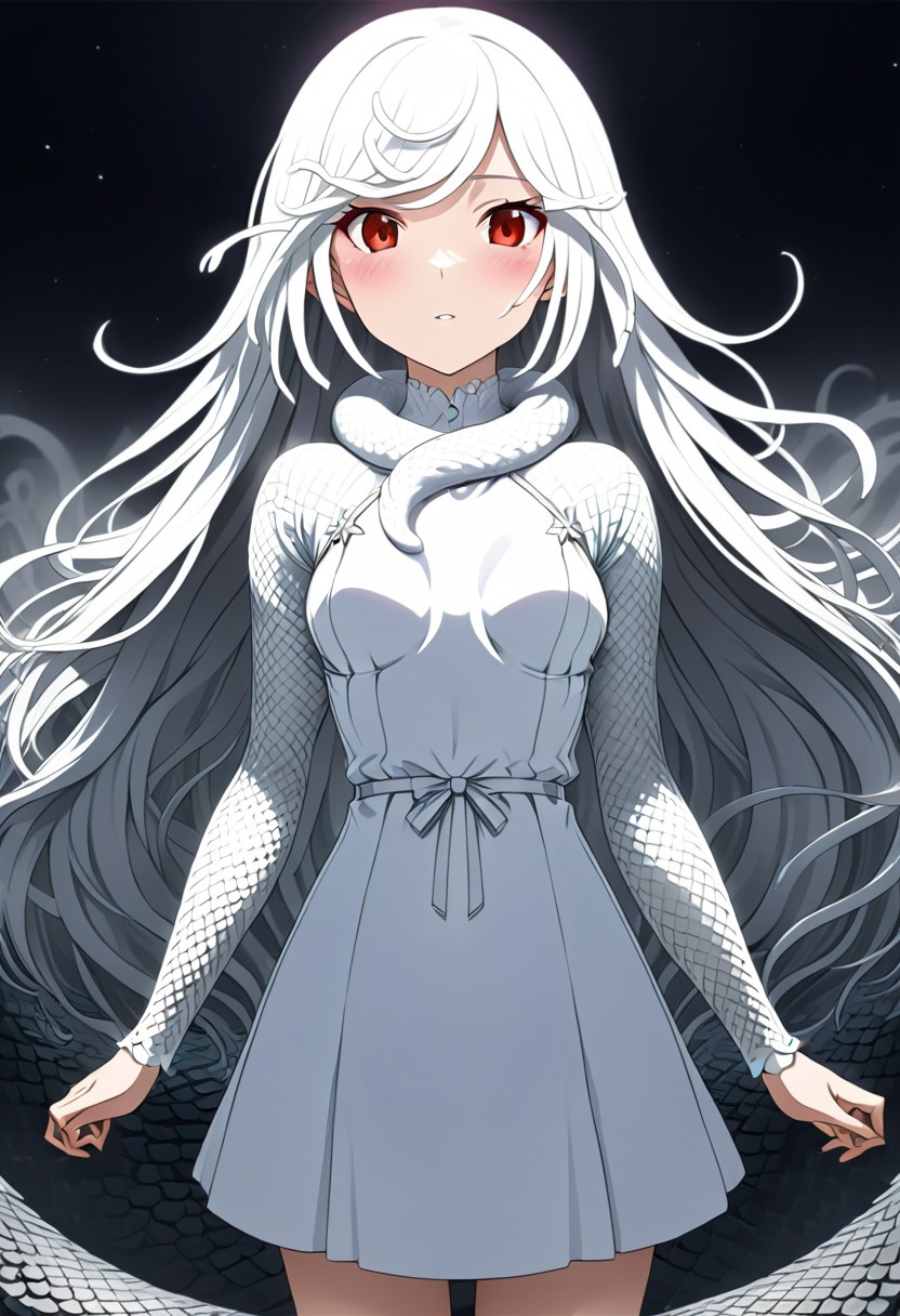 source anime, anime style, official art, "Sengoku Nadeko wrapped by a pale white snake around her neck, glowing under soft, eerie lighting, surrounded by detailed scales, mixed with a surreal and unsettling atmosphere, photorealistic textures." white_hair, red_eyes, medium_hair, snake_hair, small_breasts, WHITE DRESS, <lora:SDXLFaeTastic2400:0.4> <lora:extremely_detailed:0.4> extremely detailed, <lora:sn4ke:1>,sn4ke, Masterpiece,best quality,hi res,8k,hi res,8k,award winning,(sharp focus, intricate, highly detailed), rating:safe