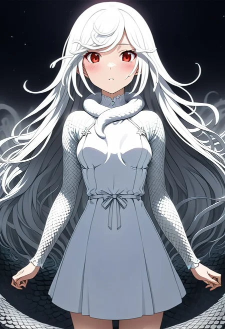 source anime, anime style, official art, "Sengoku Nadeko wrapped by a pale white snake around her neck, glowing under soft, eerie lighting, surrounded by detailed scales, mixed with a surreal and unsettling atmosphere, photorealistic textures." white_hair, red_eyes, medium_hair, snake_hair, small_breasts, WHITE DRESS, <lora:SDXLFaeTastic2400:0.4> <lora:extremely_detailed:0.4> extremely detailed, <lora:sn4ke:1>,sn4ke, Masterpiece,best quality,hi res,8k,hi res,8k,award winning,(sharp focus, intricate, highly detailed), rating:safe