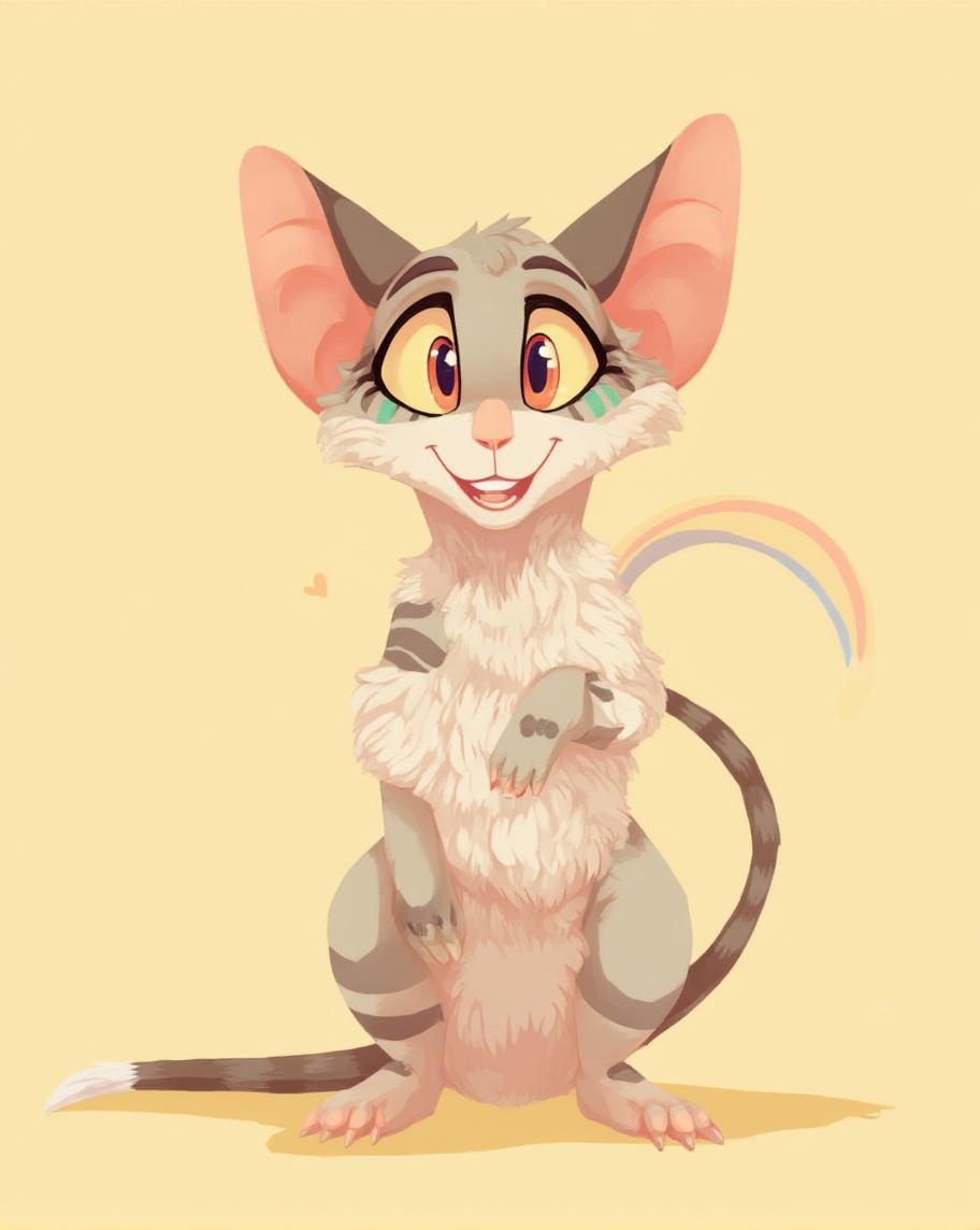 <lora:ck-LttleGhost-000011.safetensors:1> in the style of ck-lttlegh0stAn anthropomorphized mouse stands front-and-center against a beige background, radiating playful energy. Its bright, smiling eyes and textured fur lend a whimsical air, while colorful stripes shift and shimmer across its body like an optical illusion. Pastel colors create a dreamy atmosphere, punctuated by bold, flat shading that gives the image a vibrant, dynamic feel.