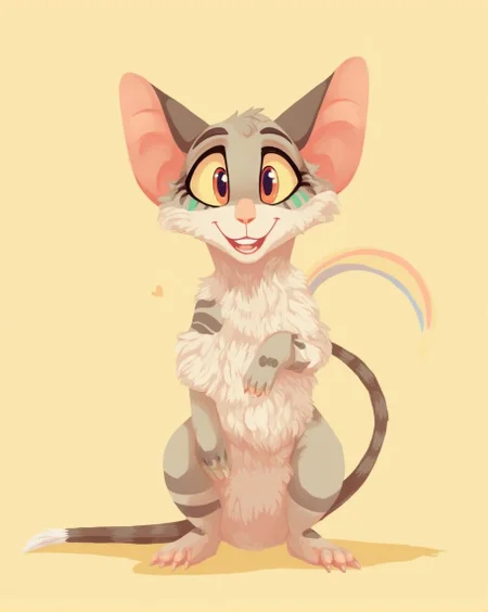 <lora:ck-LttleGhost-000011.safetensors:1> in the style of ck-lttlegh0stAn anthropomorphized mouse stands front-and-center against a beige background, radiating playful energy. Its bright, smiling eyes and textured fur lend a whimsical air, while colorful stripes shift and shimmer across its body like an optical illusion. Pastel colors create a dreamy atmosphere, punctuated by bold, flat shading that gives the image a vibrant, dynamic feel.