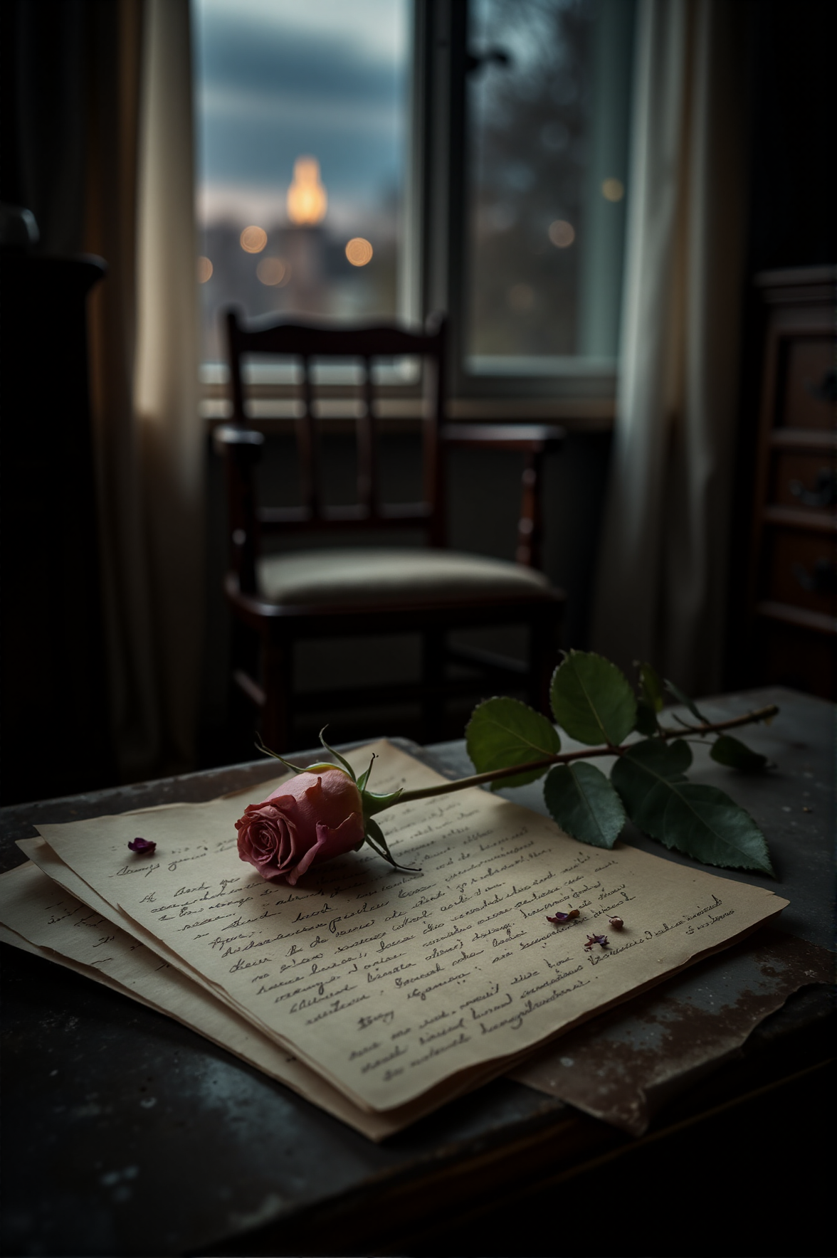 A dimly lit room holds the remnants of a love long gone. On a dusty nightstand, a faded love letter lies unfolded, its ink smudged by time and forgotten tears. An empty chair faces the window, where the soft glow of the city flickers in the distance, distant and indifferent. A wilted rose rests beside the letter, its petals brittle, mirroring the fragility of what once was. The air is thick with melancholic solitude, as if even the walls remember the echoes of whispered goodbyes.
<lora:melancholic-solitude-flux:1>