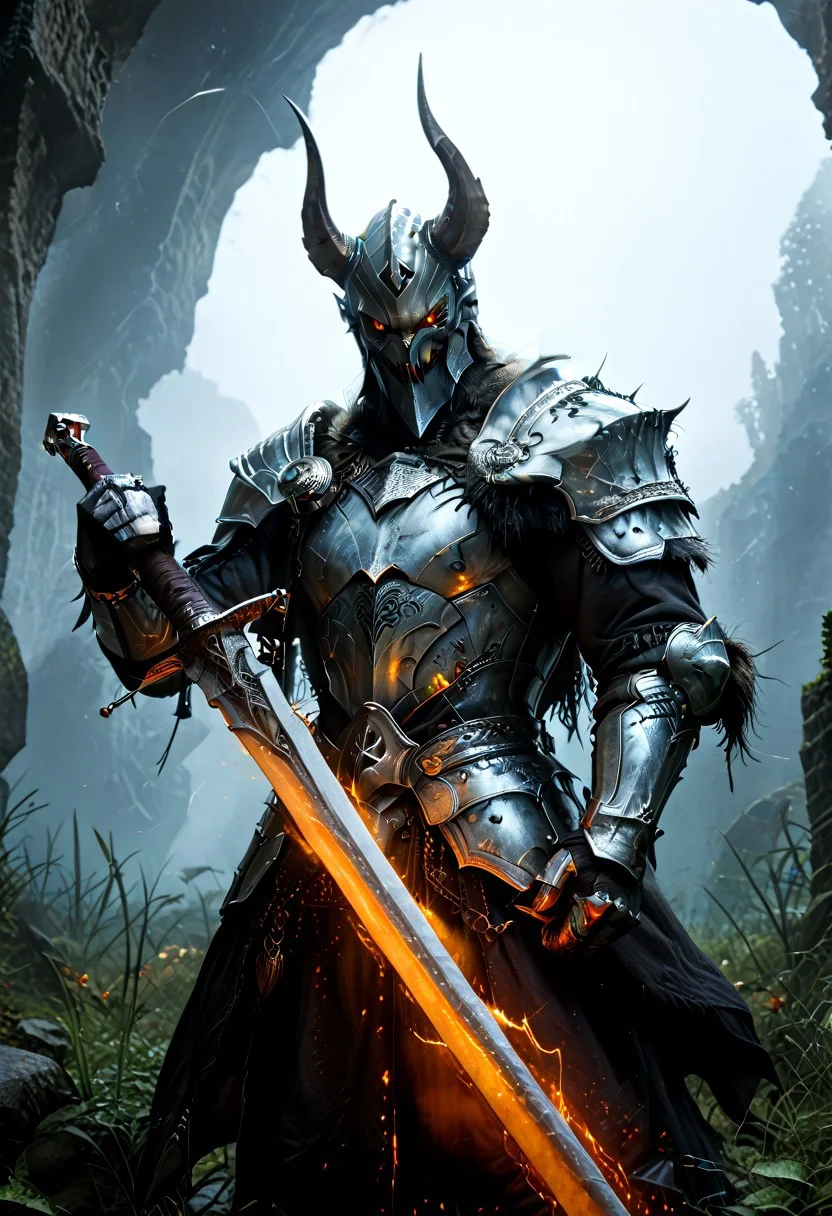 mca_1_up, mca_style, obsidian, weapon, armor, sword, 1boy, glowing, horns, solo, holding sword, male focus, holding, holding weapon, helmet, gauntlets