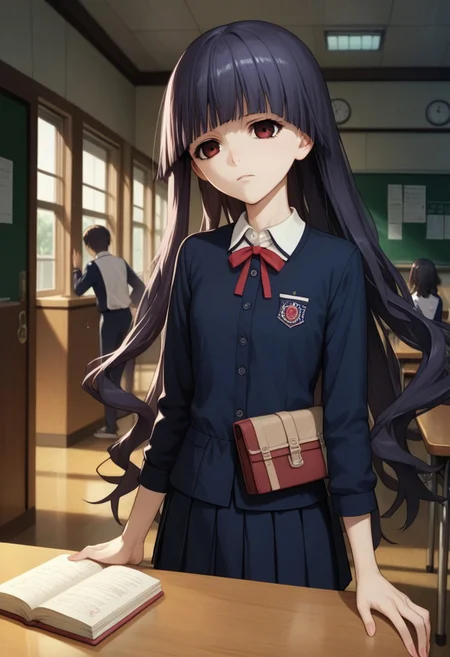 score_9_up, score_8_up, score_7_up, source_anime, extreamly detailed, beautiful detailed face, complex detailed background, completely clothes, BREAK,
KIRISHIKI SUNAKO, SHIKI FORM, student uniform, class room