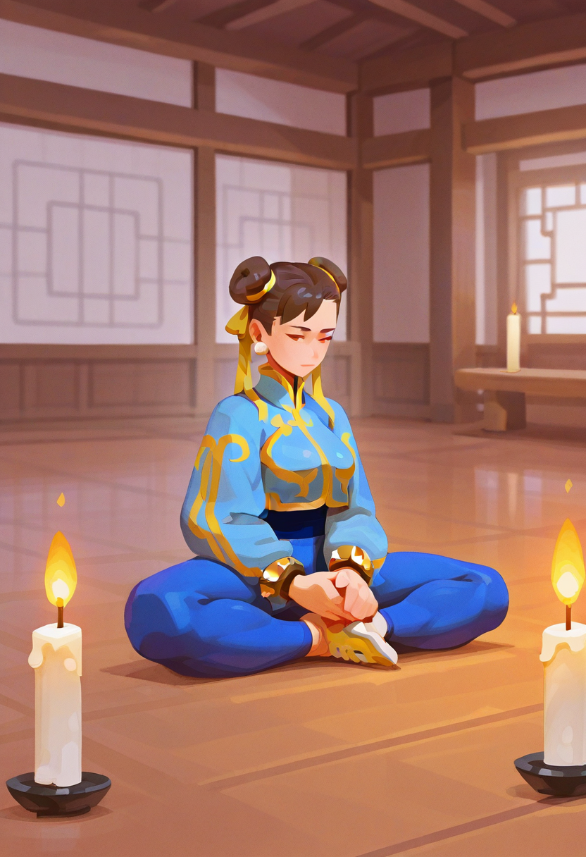 sp3,  masterpiece, best quality, solo, chun-li, dojo, blue attire, hair buns, meditating, sceneted candles, cosy enviroment, warm colors, 