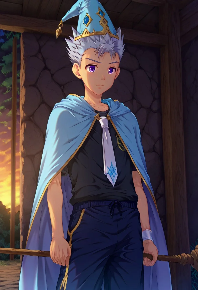 shizuki_takeyo, grey hair, light purple eyes, short hair, spiked hair, teen, young male, 1boy, solo, male focus, large blue wizard hat with white band, long blue cloak with jagged dark yellow trim, black shirt and white tie, tall wooden staff topped with a diamond, perfect hands, perfect eyes, highly detailed, cinematic style, dramatic lighting, detailed draw, detailed eyes, high quality, best quality, high definition