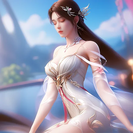 <lora:ponyhuolinger1v:1>,score_9,score_8_up,score_7_up,a highly detailed cgi, (computer-generated imagery), rendering of a young woman with a serene, almost ethereal expression, she has long, straight, dark brown hair that cascades down her back, adorned with a delicate, silver hair accessory that resembles a hair vine, her skin is fair and smooth, with a slight blush on her cheeks, suggesting a sense of calm or tranquility, she is wearing a sheer, white, long-sleeved dress with intricate, gold and pink floral designs, the dress has a high neckline and a plunging neckline, accentuating her slender physique, the fabric appears to be made of a soft, flowing material that drapes elegantly around her, the background is a blurred, gradient blue, suggesting an outdoor setting with a hint of greenery, the lighting is soft and diffused, enhancing the ethereal quality of the scene, the overall style is realistic with a touch of fantasy, emphasizing the delicate beauty and ethereal beauty of the subject