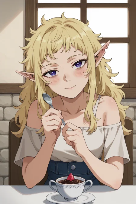 score_9, score_8_up, score_7_up, source_anime, 1girl, prefect lighting, very aesthetic, intricate details, highly detailed background, masterpiece, high quality, prefect hands, best quality, solo,
<lora:Fleki_Dungeo_Meshi_V1:.85>, KJOfleki, blonde hair, purple eyes, pointy ears, notched ear, bags under eyes, messy hair, long hair, half closed eyes,
white t-shirt, off shoulder, high waist jeans,
<lora:PONYXL_CONCEPT_PovDating_ownwaifu:1>, CONCEPT_PovDating_ownwaifu, 1girl, cup, smile, window, looking at viewer, indoors, pov across table, cafe, spoon, sitting, teacup, parfait, food, ice cream, upper body, chair, saucer, pov dating, blush, hands down,
outdoors, medieval, town, building, sunset, dusk,
(Beautiful, small Breasts:1.2), natural breasts,