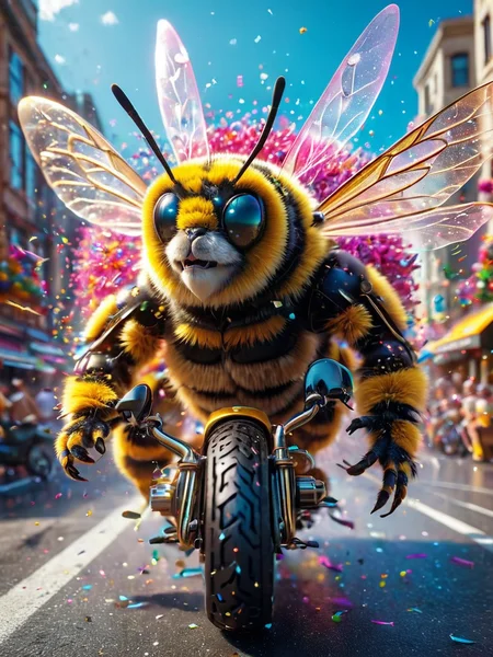 A high definition epic photograph of ((38. A bumblebee buzzing around flowers with big googly eyes and an exaggerated joyful expression. Launching confetti cannons from the back of a moving motorcycle: Riding through town at high speed while showering everyone in colorful confetti, yelling, âParty time!â)).Heatwave: Prolonged periods of excessively high temperatures lead to discomfort and health risks for vulnerable populations.(dynamic:1.1), sun rays,, (taken by 7.5mm fisheye lens:1.1),shots exaggerated emotions. Manic expression
= ((Vivid, HDR, Canon50, 8K, Hyper Realistic, Dramatic, Epic, Dynamic Contrast, Cinematic Lighting, increased brightness)) (((Zoomed Out, Far away Shot))) = =. Epic dynamic lighting . =vibrant, highly detailed, psychedelic
((Vivid, Epic, Dynamic contrast)) (((Zoomed out, Far away shot, In frame)),
<lora:juggernautXL_version6Rundiffusion:0.8> <lora:crystalClearXL_ccxl:0.8>
<lora:atlantysUltimanimeXL_atlasAtlantys:0.8><lora:epicrealismXL_v5Ultimate:0.8>
<lora:extremely_detailed:1><lora:realvisxlV40_v40Bakedvae:0.8>
<lora:glowneon_xl_v1:0.6> glowneon, glowing, sparks,
<lora:rainbow_iris_v2:0.8> raibow eyes, rainbow eyes, no humans, fractal iris, - Generate images with sharp edges and fine details.
- Produce high-resolution images with no blurriness or distortions.
- Create images with clear and well-defined subjects.
- Ensure that the output images have crisp lines and distinct features.
- Generate images with vibrant colors and accurate tones.
- Avoid noise or artifacts in the generated images.
- Focus on producing clear textures and patterns in the images.
- Emphasize clarity and definition in all aspects of the generated images.
- Prioritize the sharpness and clarity of the main subjects in the images.
- Optimize the AI model to produce clear and visually appealing images., Wlop