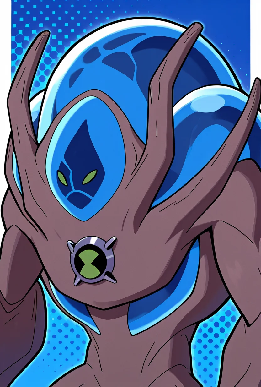 <lora:ultswam-10:1> ultswam, standing, pokemon (creature), solo, green eyes, monster, brown skin, alien, massive arms, no humans, blue background, dynamic pose,, masterpiece, best quality, amazing quality, very aesthetic, absurdres, newest,, upper body, halftone effect, white borders, abstract background:1.2,
