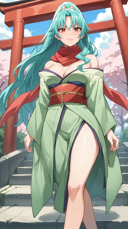 score_9,score_8_up,score_7_up,score_6_up, source_anime, zPDXL, <lora:xl_more_art-full_v1:0.5>, woman, dynamic pose, crossed legs, <lora:Tomoe - Pony-000004:0.8>, green kimono, long hair, aqua hair, ponytail, red eyes, red scarf, red obi, torii, stairs, cherry blossom,