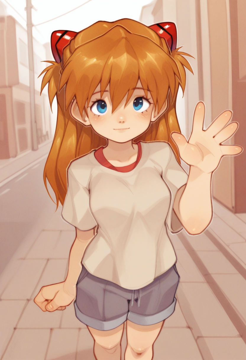 04N1M3R3style, masterpiece, best quality, solo,                                                                       asuka langley, looking at viewer, light smile, warm colors, street, sidewalk, shirt, shorts,  waving, wholesome,